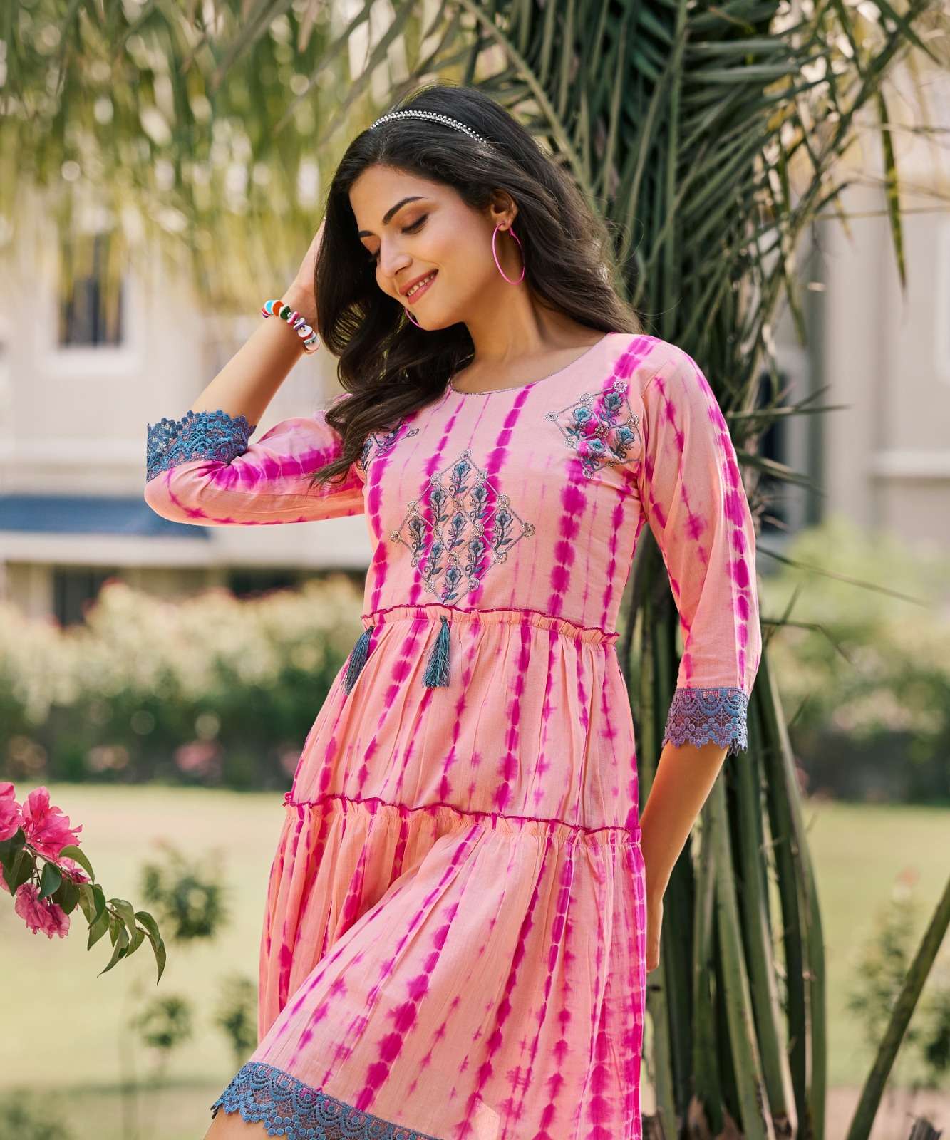 RICHGIRL MULL COTTON SEQUENCE, EMBROIDERY AND HANDWORK FANCY TUNICS WITH SHADES OF SHIBORI PRINT BY RANGJYOT BRAND 1006 C